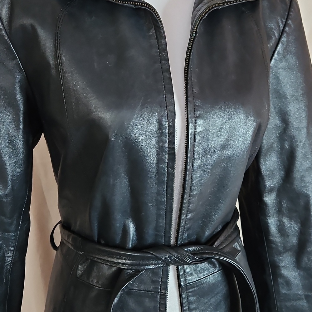 Worthington Vintage Black Leather Jacket Womens Small Tie Waist Grunge 90s Cyber - Picture 2 of 11